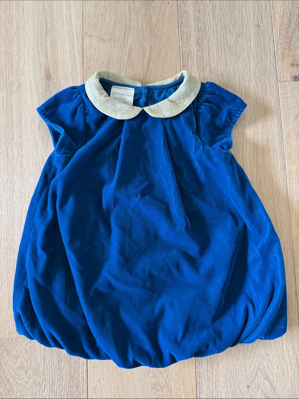 First Impressions Royal Blue Velvet Dress with Gold Peter Pan Collar